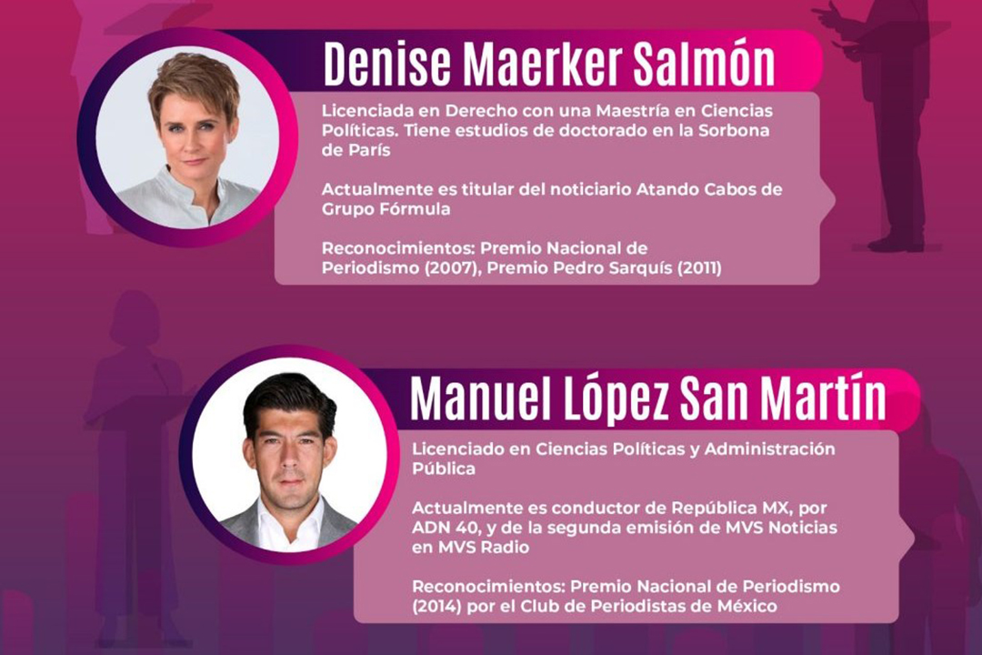 Denise Maerker y Manuel López San Martín tendrán a cargo la moderación del Primer Debate Presidencial
