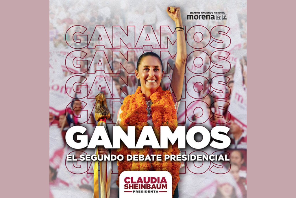 Ganamos el segundo debate presidencial y vamos a ganar este 2 de junio la presidencia de México. Juntas y juntos #SigamosHaciendoHistoria #ClaudiaPresidenta pic.twitter.com/u6QZ2mbBwQ— Dra. Claudia Sheinbaum (@Claudiashein) April 29, 2024