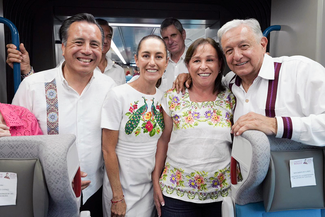 Rocío Nahle viaja con AMLO y Sheinbaum en recorrido inaugural del Tren Maya