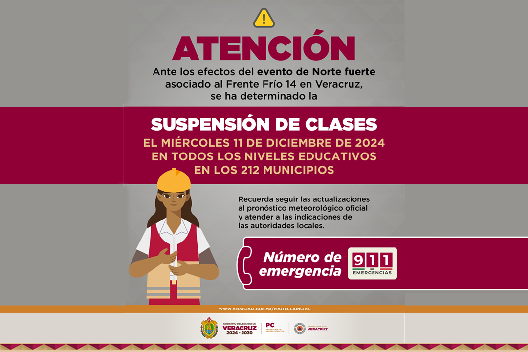 Este miércoles suspensión clases en todos los niveles educativos del Estado de Veracruz