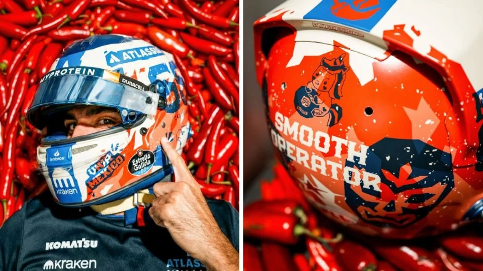 El piloto español Carlos Sainz honra a México con casco inspirado en el chile y la lucha libre